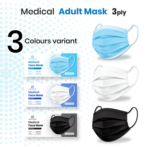 (Upgrade Version) Skin Hygiene 3ply Medical Mask - Blue, Black & White